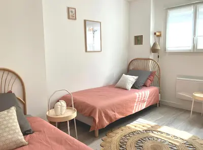 Un ou plusieurs lits dans un hébergement de l'établissement Dewailly, 2 chambres, 3 lits, élégant, 700m centre ville