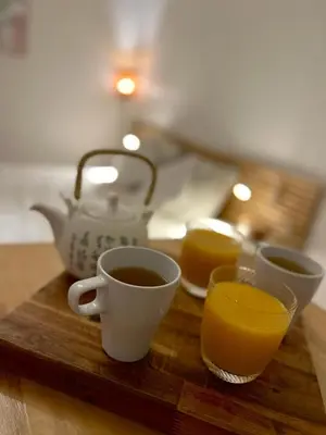 Un ou plusieurs lits dans un hébergement de l'établissement Escale Cosy à Pontoise avec terrasse