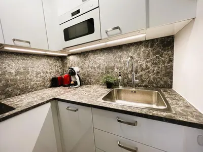 Cuisine ou kitchenette dans l'établissement Villa Saint Jacques, Appart La Mer