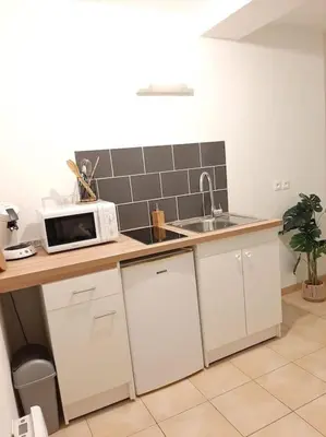 Cuisine ou kitchenette dans l'établissement Proche aéroport à pied, O Nature