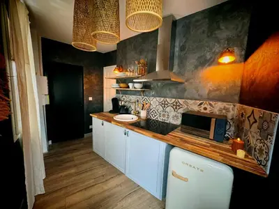 Cuisine ou kitchenette dans l'établissement Duplex Safari jusqu'à 4 personnes, Spa, cinéma et lit sous les arbres, day use, 10 min centre