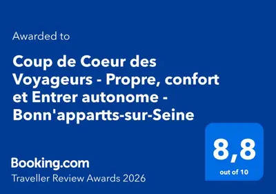Certificat, récompense, panneau ou autre document affiché dans l'établissement Coup de Coeur des Voyageurs - Propre, confort et Entrer autonome - Bonn'appartts-sur-Seine