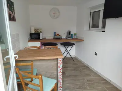 Cuisine ou kitchenette dans l'établissement maison pink flamingo aeroport tillé 2 a 4 personnes