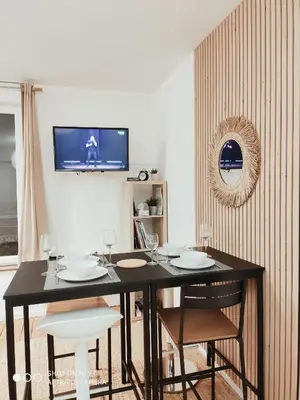 Télévision ou salle de divertissement dans l'établissement Chaleureux T2 au style VINTAGE - rue gratuite