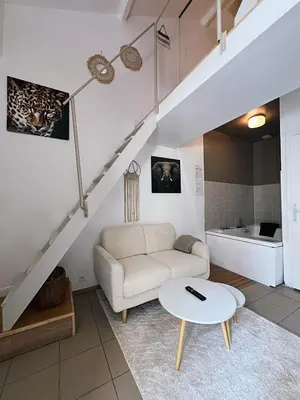 Coin salon dans l'établissement Joli petit duplex avec jacuzzi