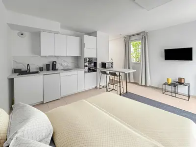 Cuisine ou kitchenette dans l'établissement Studio moderne avec terrasse privée et parking