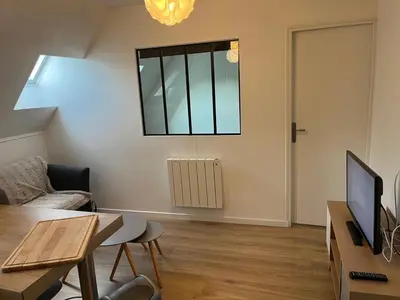 Télévision ou salle de divertissement dans l'établissement Appt au pied de la cathédrale-parking dans la cour