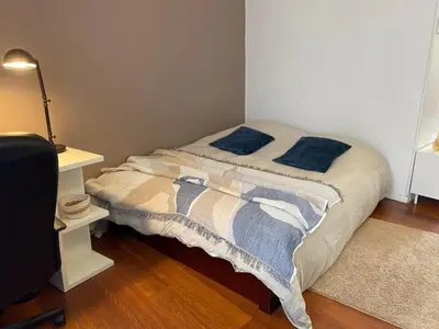 Un ou plusieurs lits dans un hébergement de l'établissement Studio miroir-arrivée autonome-animal ok