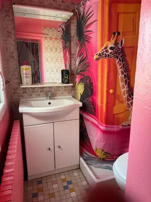 Salle de bains dans l'établissement maison au charme rétro, équipée et tranquille