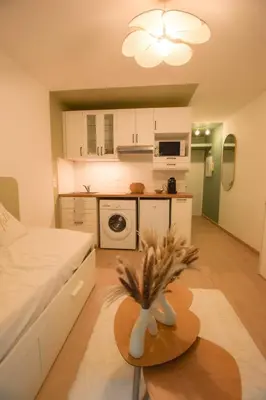 Cuisine ou kitchenette dans l'établissement L'ombelle - Studio vert d'eau avec petit extérieur