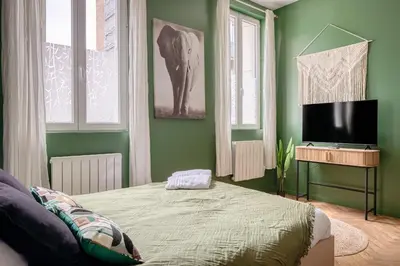 Télévision ou salle de divertissement dans l'établissement Chez Guillaume - Studio Jungle rénové balnéo à la gare