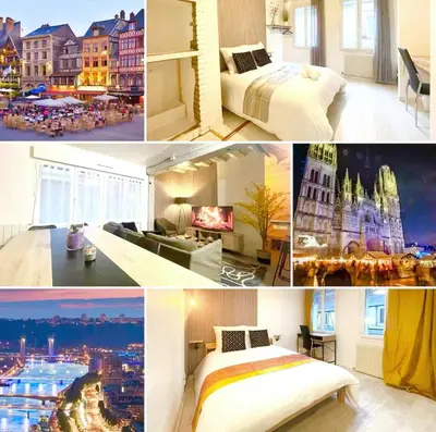 Un ou plusieurs lits dans un hébergement de l'établissement Maison de ville plein centre Rouen - TV 4K connecté - Patio - Wifi Fibre - 4 grande chambres - Proche parking gratuit - Lave Vaisselle - Lave linge
