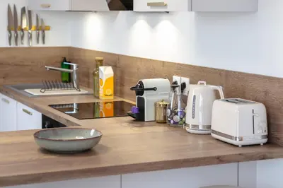 Cuisine ou kitchenette dans l'établissement Les Mathurins F2 unique terrasse parking et sport