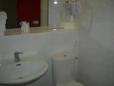 Salle de bains dans l'établissement Hôtel du Val de Seine
