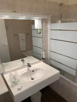 Salle de bains dans l'établissement Logis Hôtel Les Nymphéas