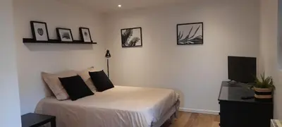 Un ou plusieurs lits dans un hébergement de l'établissement Studio avec jardin et stationnement gratuit à Rouen