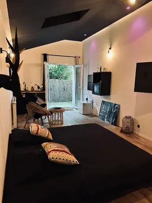 Télévision ou salle de divertissement dans l'établissement Apt 35 m2 Baignoire Balnéo terrasse privée