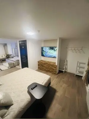 Un ou plusieurs lits dans un hébergement de l'établissement Loft ravissant 45m2 Jacuzzi RVB NIGHT 2 ÉTABLISSEMENT FERMÉ DÉFINITIVEMENT