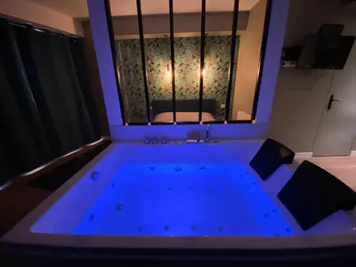 Télévision ou salle de divertissement dans l'établissement Studio avec baignoire balnéo centre de Rouen - 040