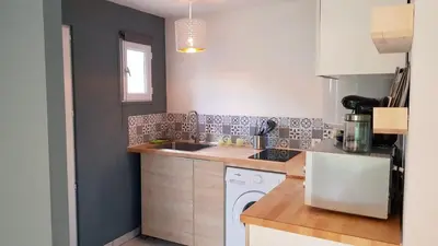 Cuisine ou kitchenette dans l'établissement Le First Auversois charmant studio avec jardinet