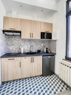 Cuisine ou kitchenette dans l'établissement La Licorne, grand studio chaleureux