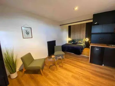 Coin salon dans l'établissement Appartement avec jacuzzi dans la chambre et piscine aux beaux jours