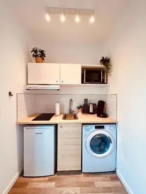 Cuisine ou kitchenette dans l'établissement Les studios de la Villa Jules Verne